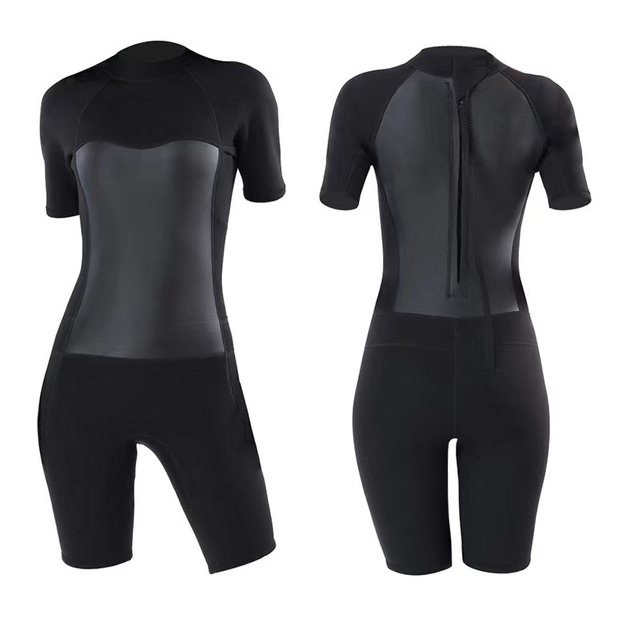 Mens 3mm CR Neoprene with all black nylon chest and back mesh skin flat lock wetsuit shorty