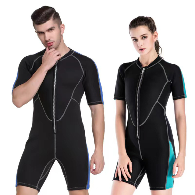 High quality 2.5mm CR neoprene with nylon chest YKK zipper Mens and Lady’s flat lock shorty wetsuit